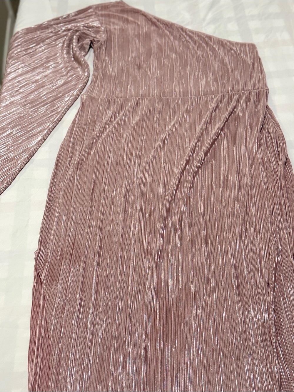 ASOS One Shoulder Metallic Plisse Maxi Dress Sz 16 Rose Gold Pleated Formal